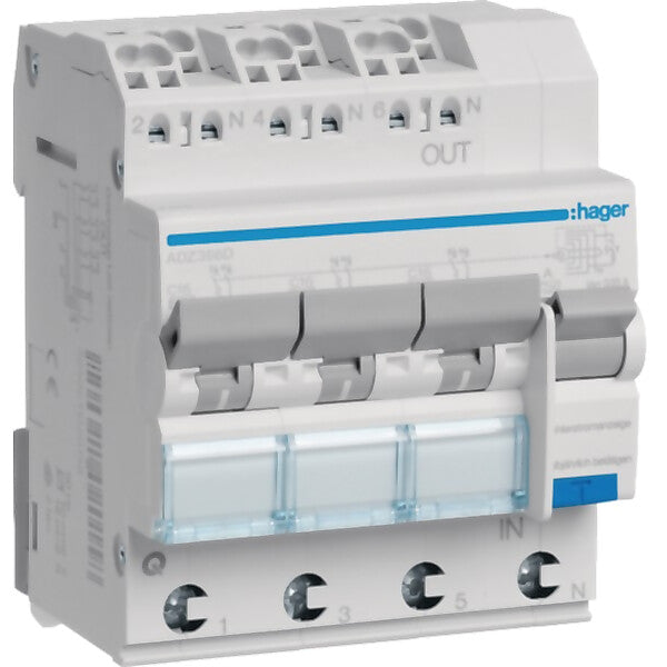 Hager FI/LS-Schalter 3x 1P+N, 6 kA ADZ366D